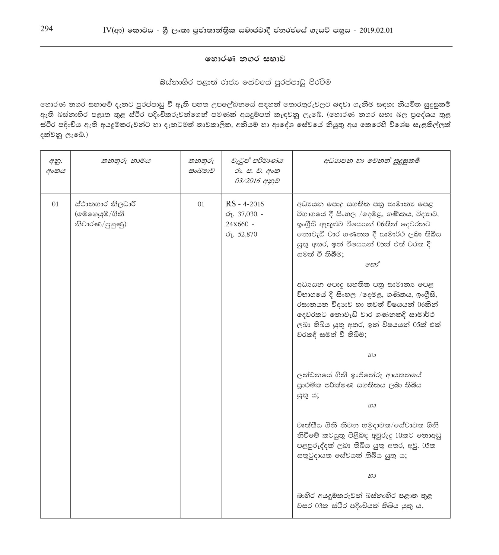 Station Officer, Playground Supervisor, Health Supervisor, Office Assistant, Watchman, Health Labourer - Horana Urban Council